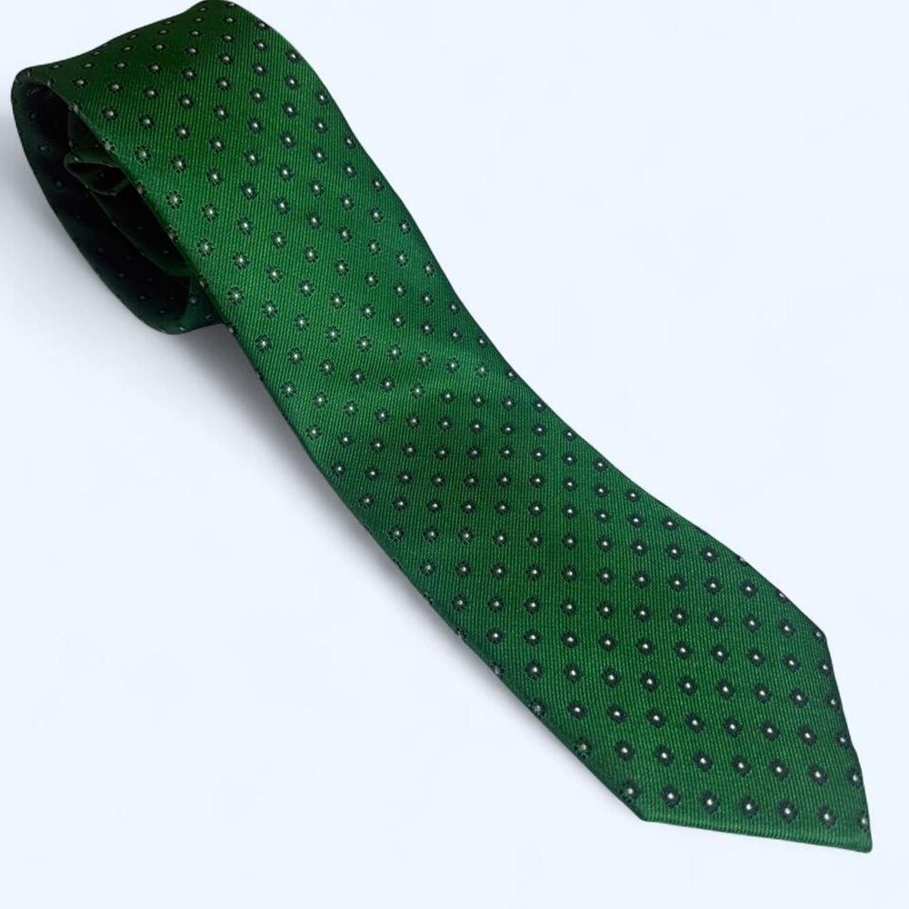Tommy Hilfiger 100% Silk Green silk tie navy polka dots - Fall Christmas